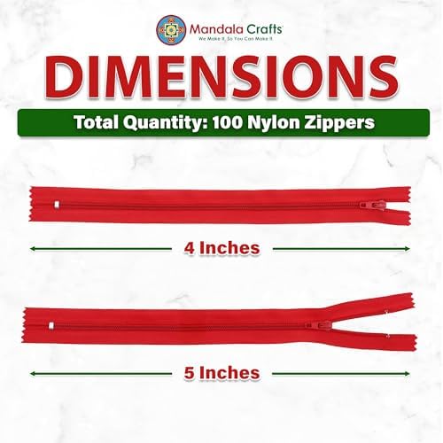 Mandala Crafts 100 PCs Red Closed-End 4 Inches Nylon Zippers for Sewing