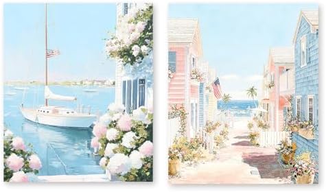 RLTXBUK 2 Pack Nantucket Coastal Beach Diamond Art Kits, Preppy Summer Blue Pink Hydrangea Sailboat East Coast Landscape Gem Diamond Painting Art Kits for Adults Kids Beginners, 9.8x11.8 Inch