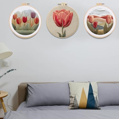 FONNUY Embroidery Kit for Beginners, Tulips Flowers Pre-Stamped Pattern Kits for Adults with Hoop, Easy to Follow Color Thread Needlework, 8'' Hoop (White)