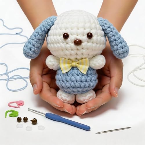 BUNUKY Crochet Kit for Beginners, Amigurumi Puppy Crochet Starter Kit with Step-by-Step Video Tutorials, Complete DIY Craft Kit Gift for Adults & Teens