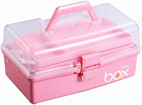 Kinsorcai 12'' Three-Layer Clear Plastic Storage Box with Handle, Craft Tool Box, 3 Layer Pink Tackle Box for Women, Organizer Box for Sewing Art and Cosmetic (Pink)