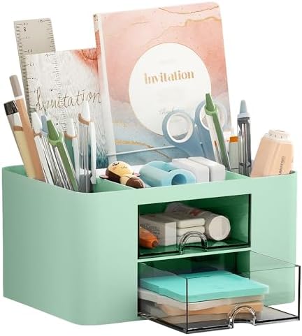 Marbrasse Pen Organizer with 2 Drawer, Multi-Functional Pencil Holder for Desk, Desk Organizers and Accessories with 5 Compartments + Drawer for Office Art Supplies (Green)