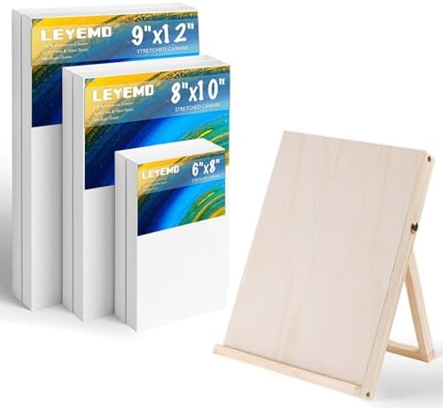 6 Pack Canvas with Tabletop Easel, Art Canvas Kit for Beginners | 6 Canvases in 3 Sizes 6 x 8,8 x 10,9 x 12 Inches,Foldable Adjustable Tabletop Wood Easel for Kids Students