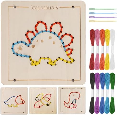 Montessori Wooden Lacing Dinosaur Toys for Toddlers and Kids Ages 2-4 5-7, Sewing Kit Fine Motor Skill Busy Board, Education Sensory Preschool Toy for 1 2 3 4 Year Olds, Birthday Gift for Boys Girls