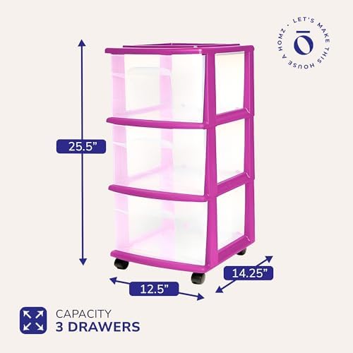 HOMZ Drawer Tower, 3-Tier Storage Cart with Removable Wheels, Purple Frame