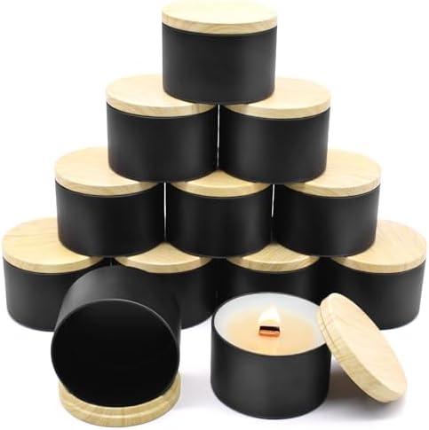 12-Pack 10oz Candle Tins with Wood-Grain Printing Lids, Metal Candle Jars for Candle Making, Empty Containers Vessels Bulk for Small Business & Beginners DIY Storage - Wood Black