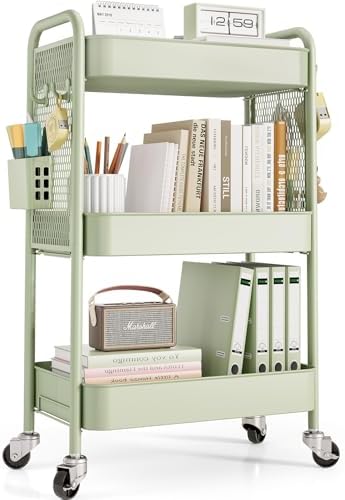 TOOLF 3 Tier Rolling Cart, Metal Utility Storage Cart with Pegboard, Green | 2 Bins & 4 Hooks, Screwless Assembly, Lockable Wheels, Trolley Organizer for Bathroom, Kitchen, Office, Dorm, Craft Room