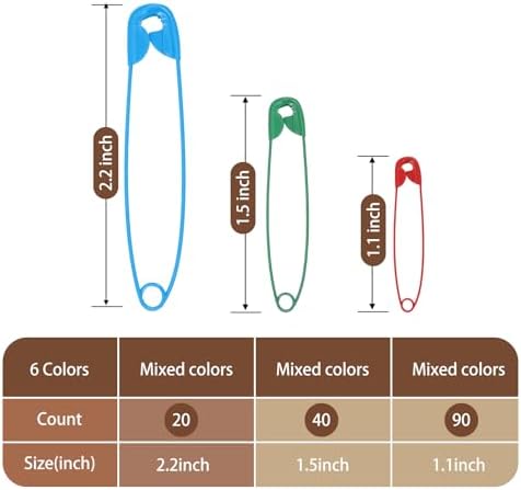 XKDOUS Safety Pins - 150 Pcs Assorted Sizes 6 Color Pins Bulk