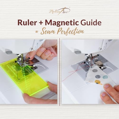 Madam Sew Seam Allowance Ruler & Magnetic Seam Guide for Sewing Machine | Perforated Seam Guide Ruler & Gauge for Perfect 1/8”- 2” Straight Line Hems | Includes 1/4” Pivot Point & 45 Degree Trim Line
