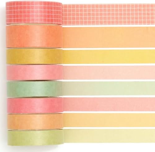 YUBBAEX 8 Rolls Basic Washi Tape Set Solid Color Grid Masking Decorative Tapes for Arts, DIY Crafts, Journals, Planners, Scrapbooking, Wrapping (Yellow)