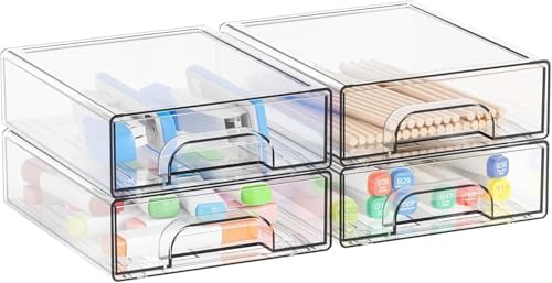 Yieach 2.2'' High Small Clear Stackable Storage Drawers,4 Pack Desk Organization and Storage Bins,Plastic Office Supply Organizer,Acrylic Drawer Storage Organizer for Makeup,Accessory,Pen,Art Crafts
