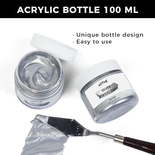 Artme Metallic Silver Acrylic Paint, 100ml Silver Paint for Art, Hand-crafts, Non-Toxic, Non-Fading, Ideal for Canvas, Wood, Fabric, Ceramic, Stone Craft Supplies