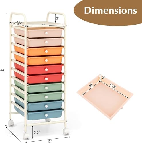 Storage Cart, Rolling Utility Cart with 10 Drawers, Portable Handles & Lockable Wheels, Mobile Paper Toys Storage Organizer Large Capacity for Home Office School Teacher (Macaron)