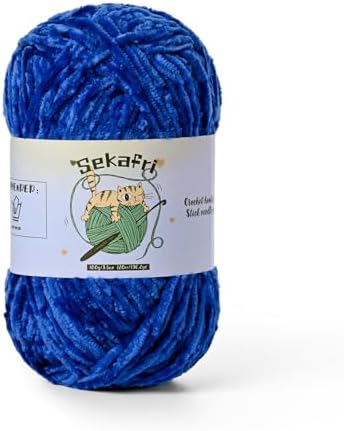 Fuzzy Chenille Yarn for Crocheting, Fluffy Amigurumi Crochet Yarn for DIY Craft/Hat/Shoes, (100g/197yds) Soft Velvet Baby Blanket Yarns（Royal Blue）