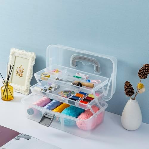 MyGift 13 Inch Clear Plastic Multipurpose Storage Box Gray Handle, 2 Trays