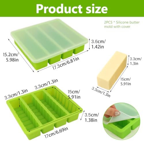2Pcs Silicone Butter Mold with Lid, Non-Stick Silicone Butter Mold Tray with Scale Marking for Homemade Butter, Standard Size Mold for Soap Bar, Energy Bar, Cake, Chocolate (Green)