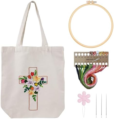 Louise Maelys Cross Floral Embroidery Kit for Beginners Canvas Tote Bag