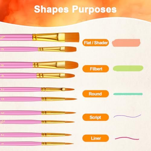 Paint Brushes Set, 24 Pack 240 Pcs Round-Pointed Tip Paintbrushes Nylon Hair Artist Acrylic Paint Brushes for Acrylic Oil Watercolor, Face Nail Art, Miniature Detailing & Rock Painting, Pink