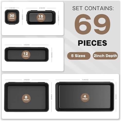 A-LuGei 【More Larger Size】 【69 PCS-5 Size】 Tool Box Organizer Tray Divider Set【Black】 Desk Drawer Organizer Bin, Garage Organization and Storage Toolbox for Rolling Tool Chest Cart Cabinet WorkBench