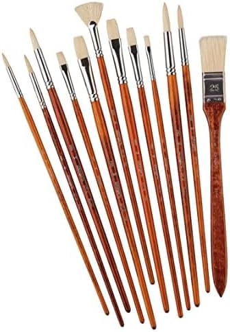 KINGART® PRO Long Handle Natural Hog Bristle Brushes, Oil & Acrylic Painting, Storage Case, Set of 12