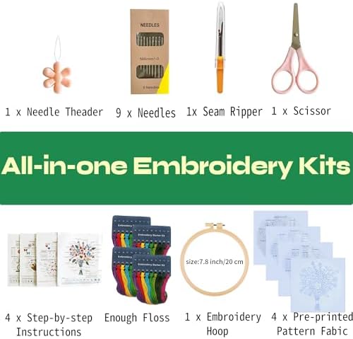 CornerLife 4 Pack Embroidery Kit for Beginners Adults, Hand Embroidery Kits with Pre-Stamped Floral Patterns and Instructions, Adjustable Hoop, Needlepoint Starter Kit DIY Art Crafts Gift (Flower A)