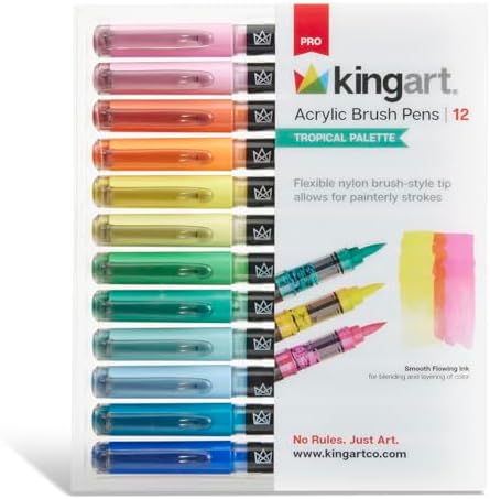 KINGART PRO 12-Piece Acrylic Paint Brush Pen Set – Tropical Colors – Flexible Nylon Brush Tip for Detailed Illustration and Lettering – Water-Based Opaque Art Markers for Multi-Surface Use