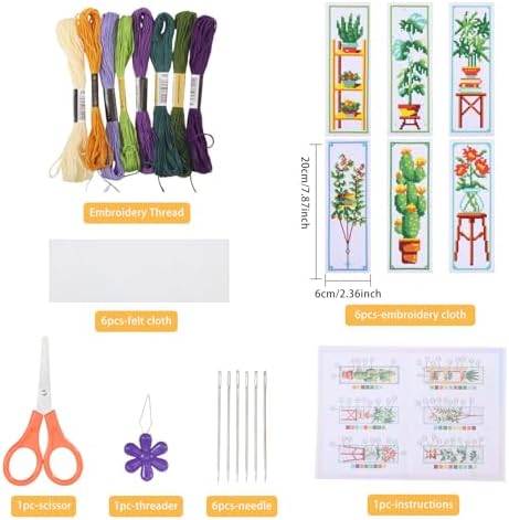 ORIGACH 6 Set Green Plants Cross Stitch Bookmark Kit for Beginner with Backing Felt Floss Instructions DIY Stamped Embroidery Bookmark Kit for Adults, Book Lovers