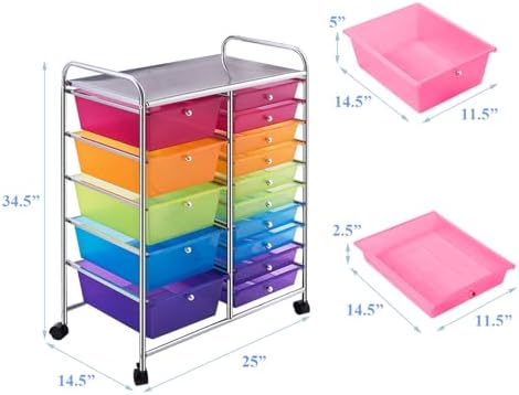 Giantex 15 Drawer Rolling Storage Cart Tools Scrapbook Paper Office School Organizer, Multicolor