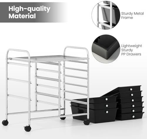 Giantex 9 Drawers Rolling Cart, Classroom Organizers, Storage Cart with Wheels, for Teacher Office Home School Supplies Tool Craft Art Paper, Black