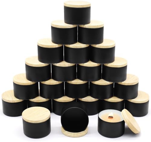 24-Pack 8oz Candle Tins with Wood-Grain Printing Lids, Metal Candle Jars for Candle Making, Empty Containers Vessels Bulk for Small Business & Beginners DIY Storage -Wood Black