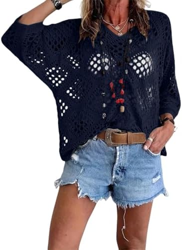 Bohemian Crochet Tops for Women 3/4 Sleeve V-Neck Open Knit Pullover Beach Cover Ups Hollow Out Boho Vacation Blouse
