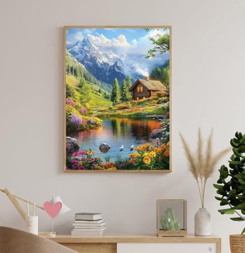 Accompany Wind Mountain Diamond Art Kits for Adults, 5D Mountain Cabin Landscape Diamond Painting Kits for Beginners,DIY Round Full Drill Diamonds Gem Art Crafts for Home Wall Decor Gifts 12x16 Inch