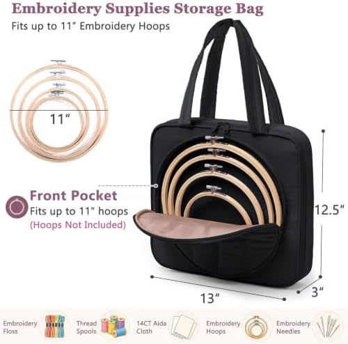 Puffy Embroidery Project Bag, Quilted Embroidery Floss Organizer for Hoops up to 11", Cross Stitch Project Storage Case for Needlepoint Project, Thread & Stitch Tools