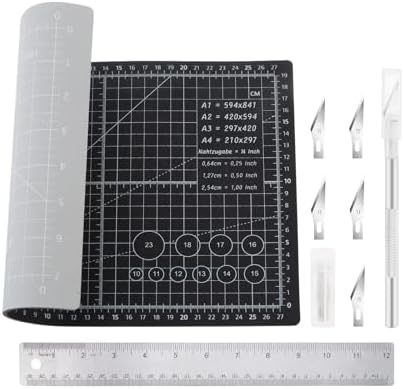 A4 Self Healing Cutting Mat & Carving Craft Knife with 5 Extra Blades and Stainless Steel Cork Ruler 12 inch / 30cm Dual Scale for DIY Art Work Cutting, Hobby, Stencil, Scrapbooking Stencil