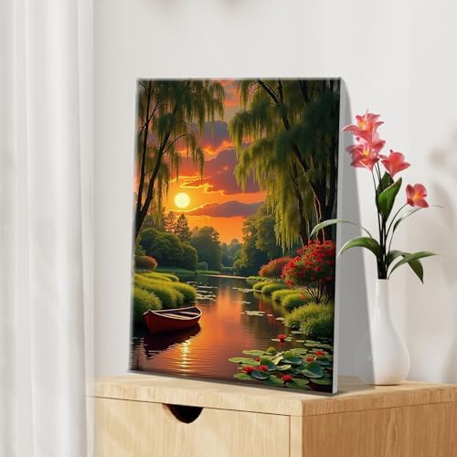 JOOZ Landscape Paint by Numbers Kit for Adults with Frame Sunset Paint by Number with Easel Boat Adult Paint by Number Kits Framed Canvas Boat Oil Painting Kits for Home Wall Decor 8x12 Inch