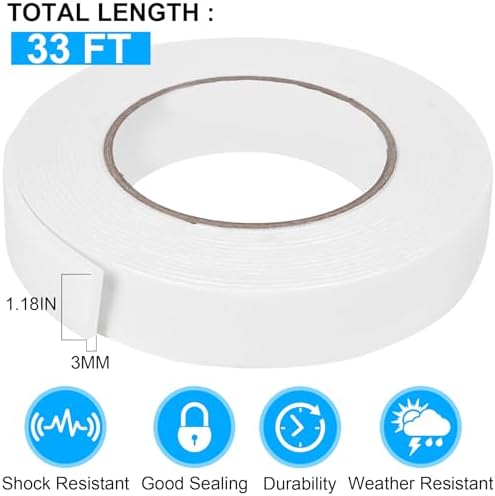ToLanbbt Double Sided Foam Tape 1.18In x 33FT, Mounting Tape Heavy Duty, Strong Adhesive Weatherproof Seal Strips for DIY Craft Picture Poster, Car & Gap Filling Mountings, Home Office Decor (White)