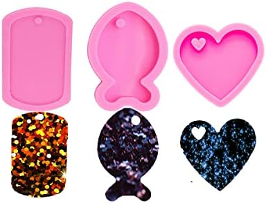 3pc Glossy Resin Silicone Fish Molds Pet Cat Tag DIY Necklace, Heart Mould Crafts Epoxy Mold with 10PC Key Ring(DY0054+DY0088+DY0405)
