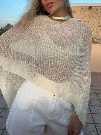 Women Knit Poncho Top Sheer Crochet Shawl Cover Up