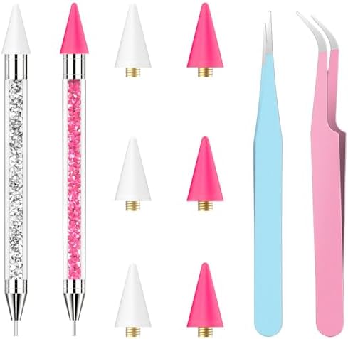 Rhinestone Picker Tool,2 Wax Pencil for Rhinestones, Dual-Ended Rhinestone Applicator Wax Pen Gem Picker Tool with 6 Extra Wax Tips and 2 Tweezers (Pink+White)
