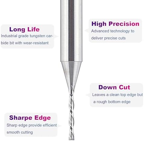 SpeTool Down Cut Spiral Router Bit 1/16 inch Cutting Diameter with 1/4 inch Shank End Mill for Woodwork CNC Machine Tools