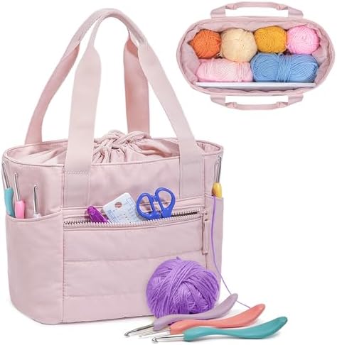 Teamoy Small Knitting Bag, Yarn Storage Tote, Crochet Bag Organizer, Pink