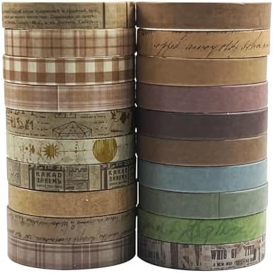 Vintage Brown Thin Washi Tape Set 20 Rolls, 7mm Narrow Kraft Paper Decorative Tape for Journaling Planner Bullet Journal, Neutral Earth Tone Fine Line Tape for Border Detailing, Art Supplies