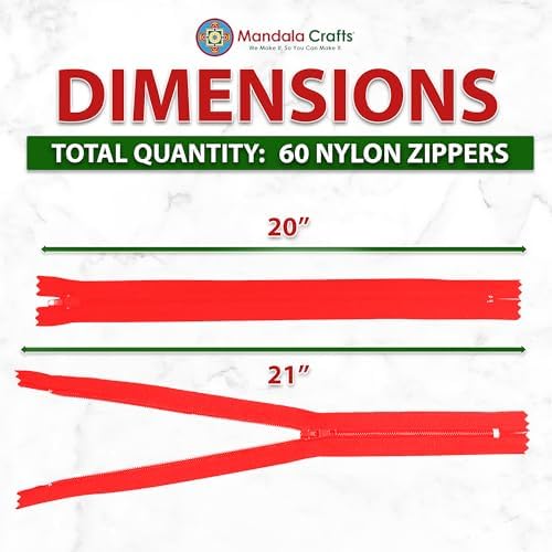 Mandala Crafts 60 PCs Cherry Red Closed-End 20 in Nylon Zippers for Sewing