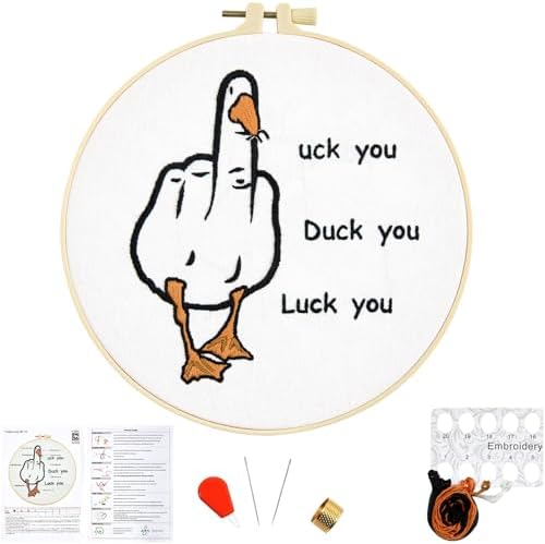 Middle Finger Duck Embroidery Kits for Beginners Adults, Funny Embroidery Starter Kits, Counted Cross Stitch Kits for Beginners DIY Craft Kits for Adult Women, Embroidery Hoop, Thread & Video Tutorial