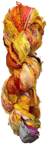 Maker's Craft Recycled Fuzzy Fringes Sari Silk Ribbon Yarn 35yards, 100Grams for DIY Knitting Crocheting Gift Wrapping, Christmas Decoration, Macrame Makers, Jewelry Making, Rugs Hooking (Yellow)