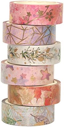 YUBBAEX Floral Gold Washi Tape Set 6 Rolls VSCO Foil Masking Tape Decorative for Arts, DIY Crafts, Journal Supplies, Planners, Scrapbook, Card/Gift Wrapping -15mm- (Romantic Flowers)