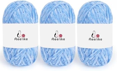 Aeelike 3 Pack Chenille Yarn,Soft Polyester,Each 100g/10.5oz 197yds,SkyBlue