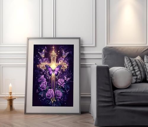 Religious Cross Diamond Art Kits for Adults Beginners-5D Purple Rose Butterfly Diamond Painting Kits for Adults, DIY Full Round Drill Gem Crystal Arts Crafts Paintings for Home Wall Decor 12x16 Inch