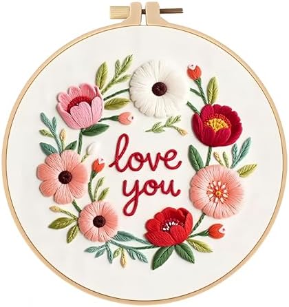 JJFox Embroidery Kit for Beginners and Adults, DIY Hand Embroidery Starter Kit with Cute Pattern, Cross Stitch Needlepoint Set with Hoop, Threads and Instructions (Love You)