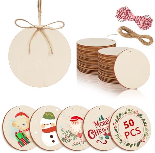 Philorn 50pcs Wooden Ornaments for Crafts 3.5" DIY Wooden Ornaments | for Crafts 3.5" Unfinished DIY Wooden Ornaments, Predrilled Wood Slices Circles for Crafts Paint Holiday Hanging Decorations